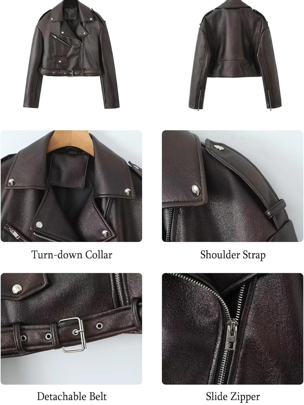 Women’s Black Faux Leather Biker Jacket - Stylish Casual Coat - Picture 8 of 8